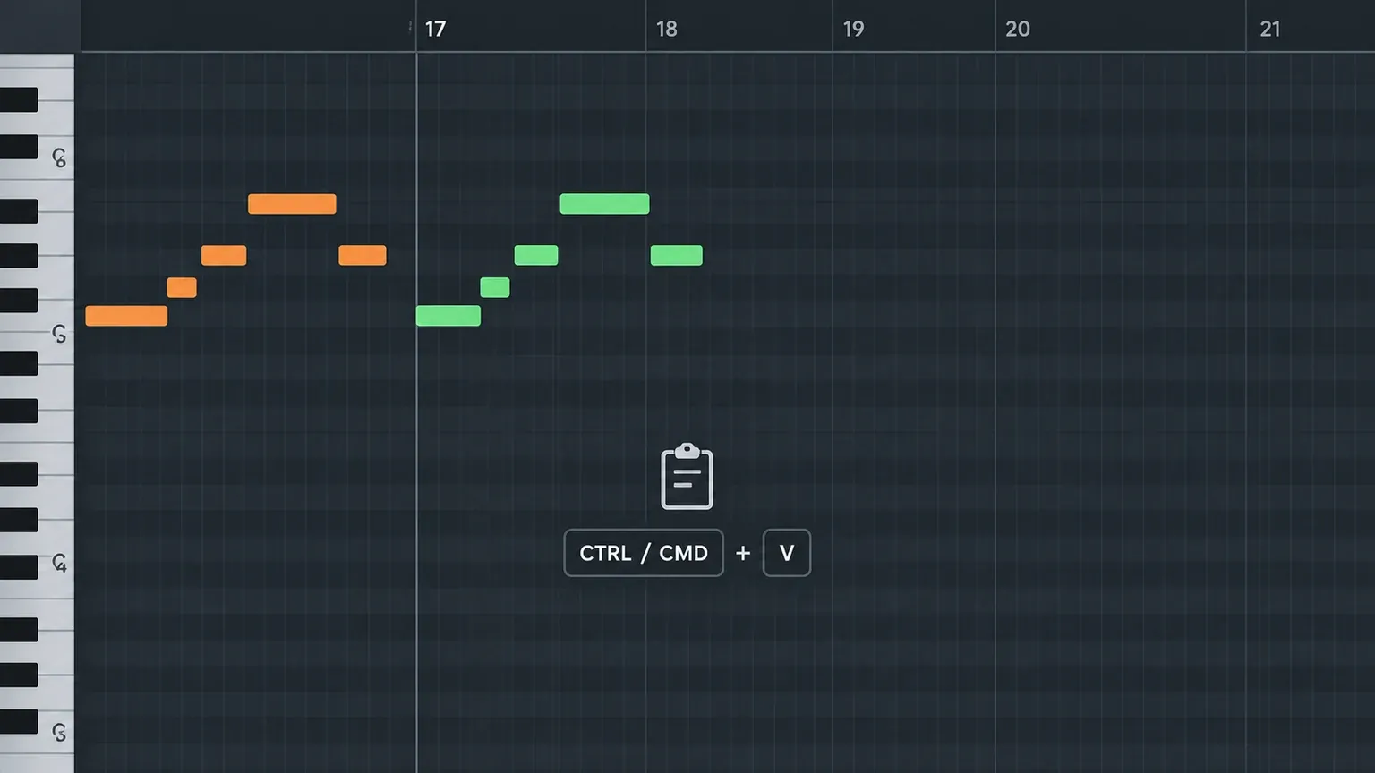 FL Studio Piano Roll notes copied to the leftmost visible destination bar