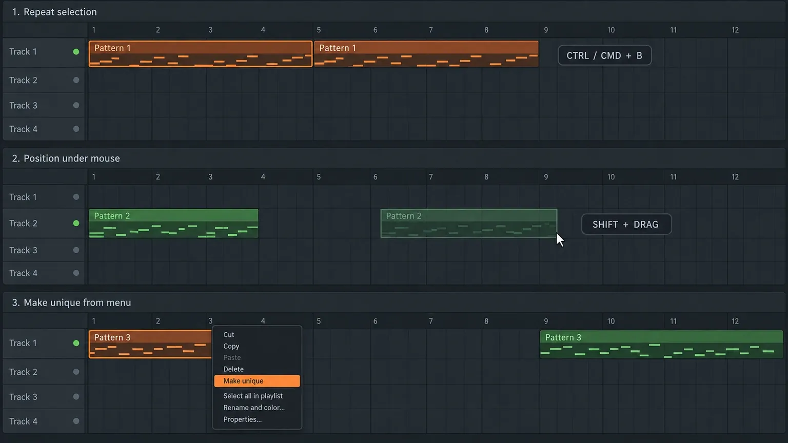 FL Studio Playlist showing repeat right Shift drag and Make unique choices