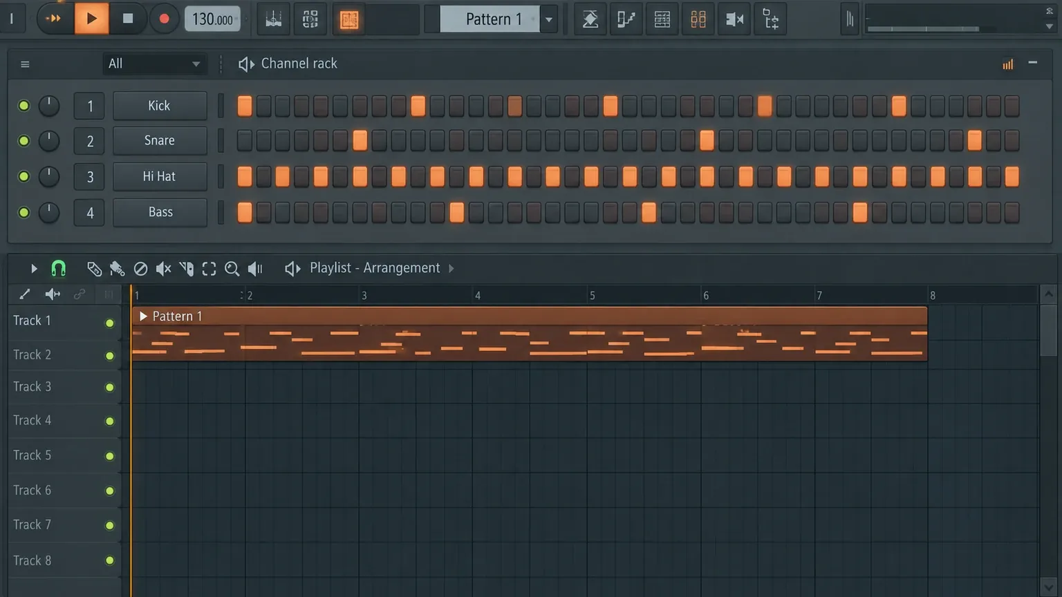 FL Studio Channel Rack with kick snare hi-hat and bass inside one Pattern
