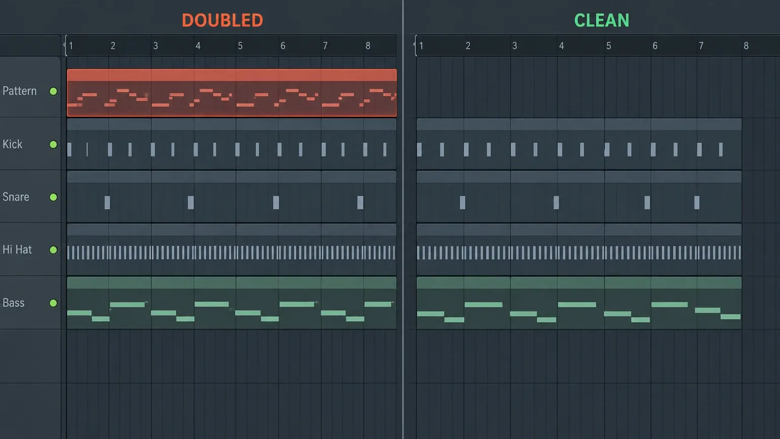 FL Studio Playlist comparison showing an overlapping combined Pattern and a clean separated arrangement