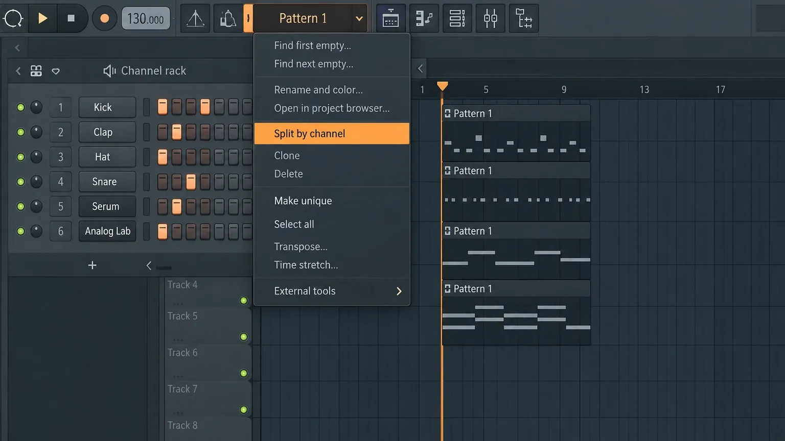 FL Studio Pattern menu with Split by channel command highlighted