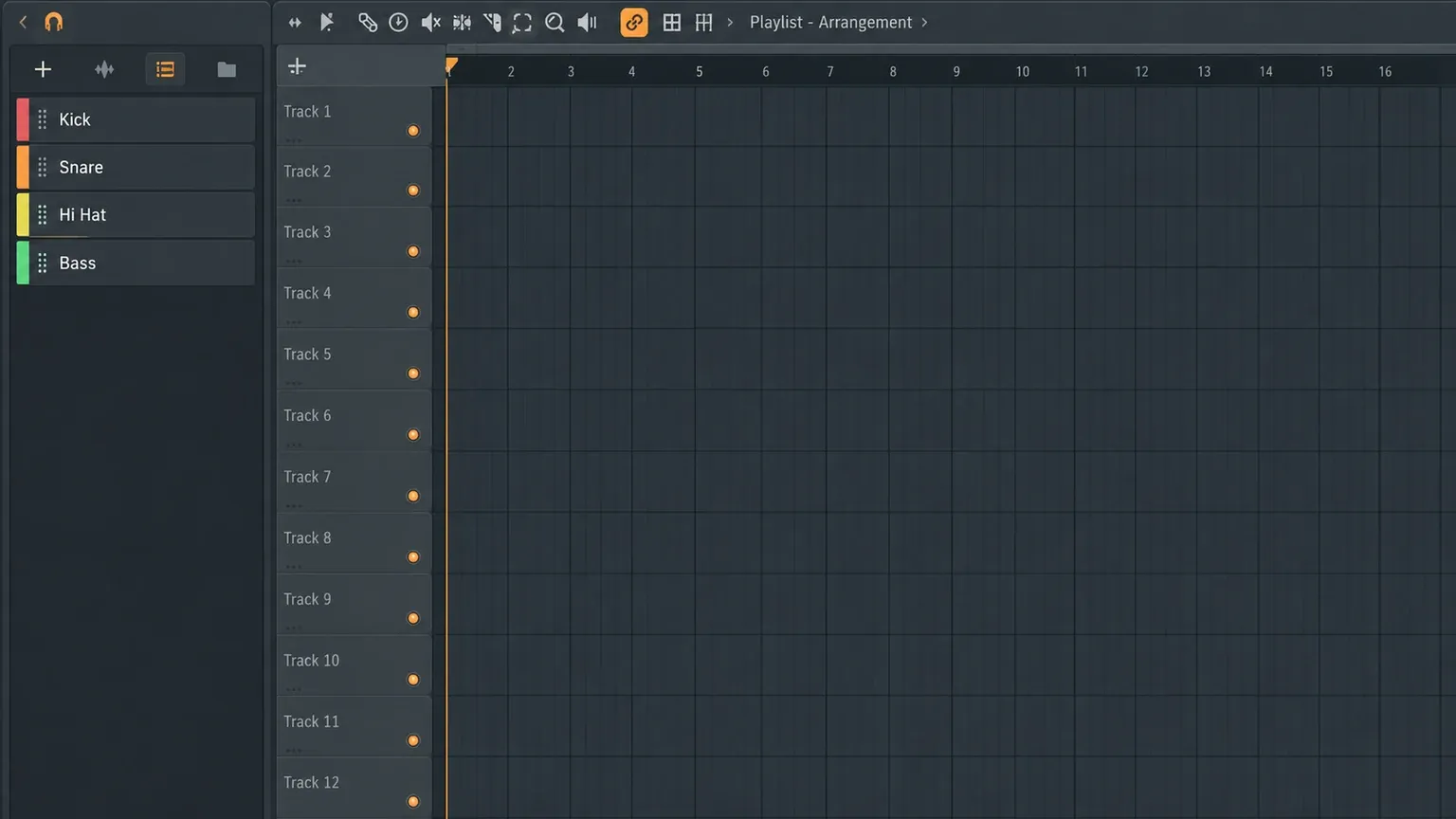 FL Studio Picker Panel listing separate kick snare hi-hat and bass Patterns
