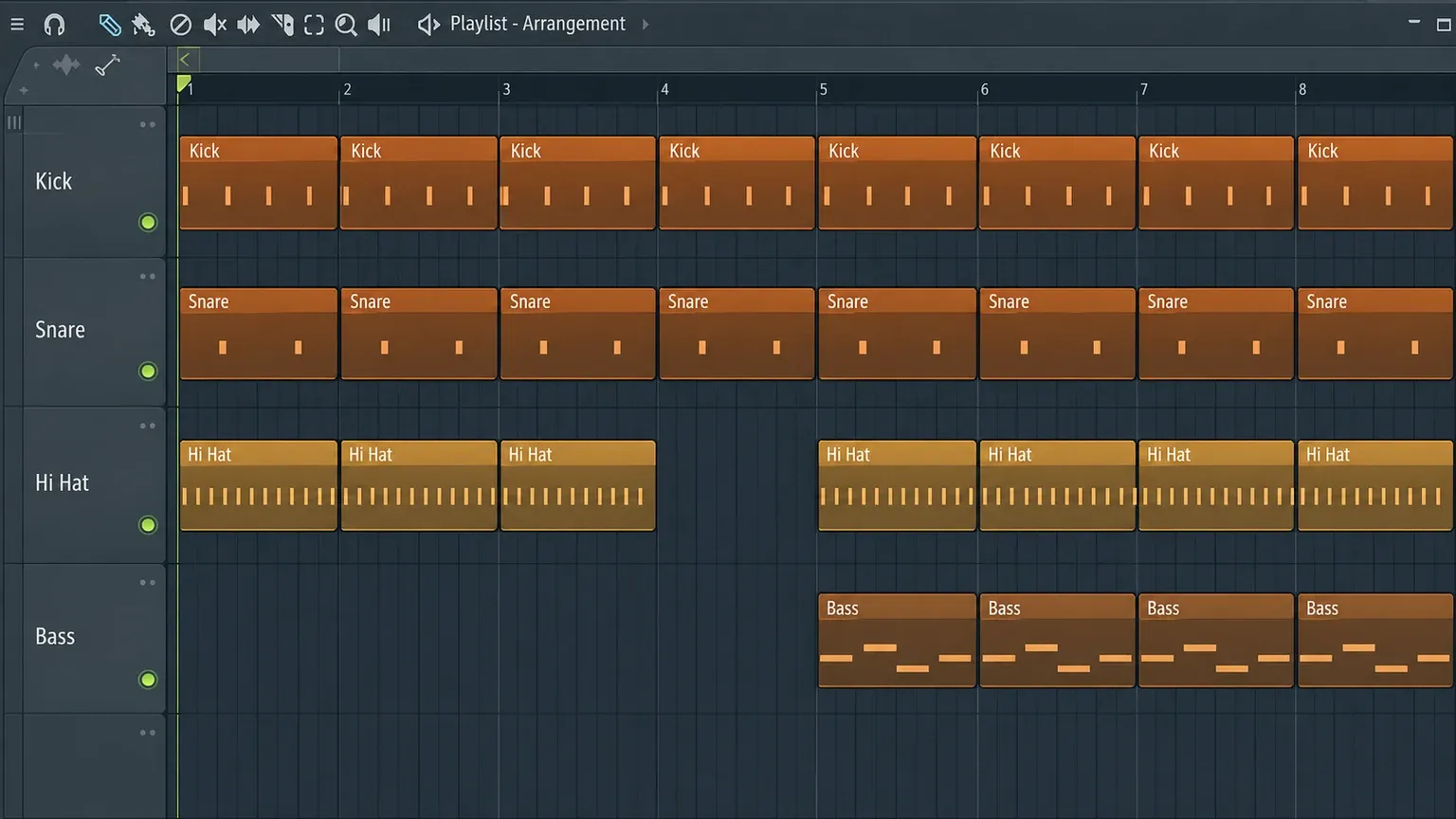 FL Studio Playlist with separate kick snare hi-hat and bass Pattern Clips arranged on tracks