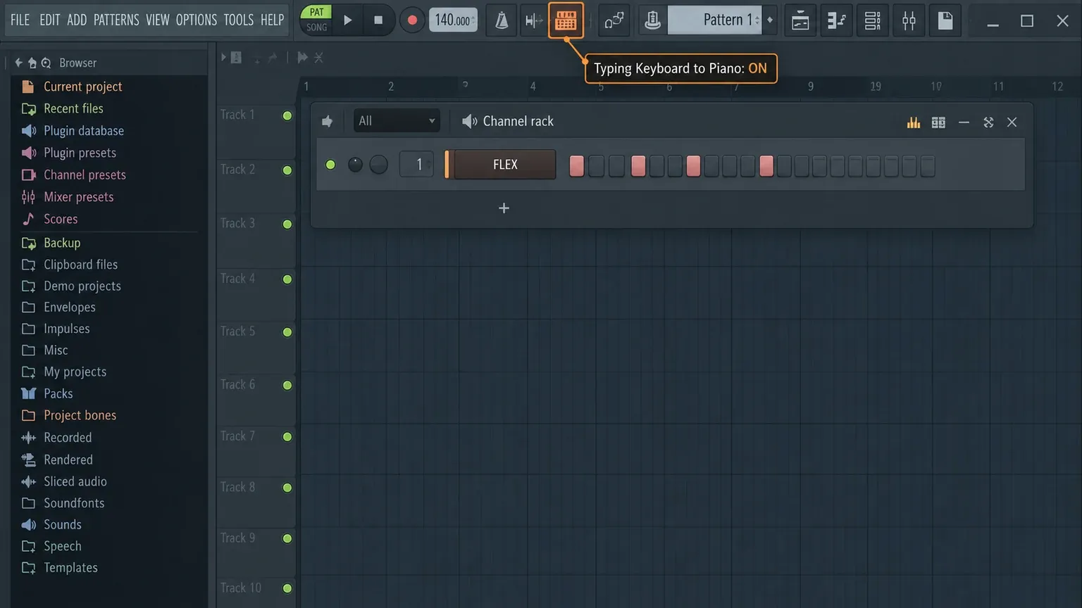 FL Studio toolbar with Typing Keyboard to Piano enabled above the Channel Rack