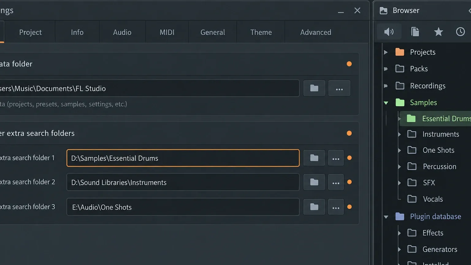 FL Studio Files and folders settings with User data and Browser sample library paths