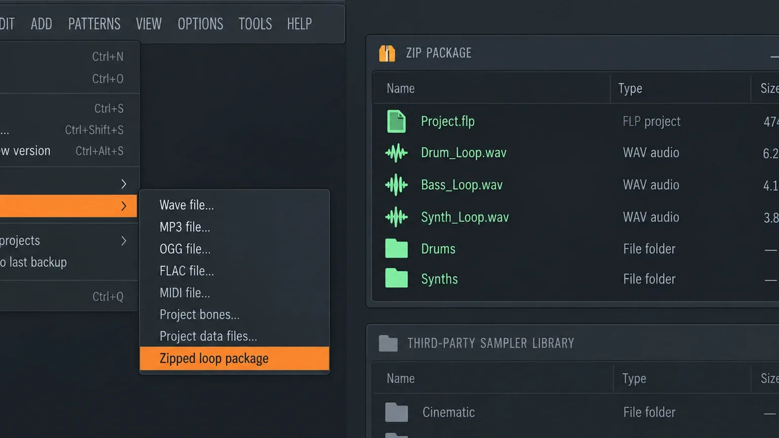 FL Studio File menu exporting a Zipped loop package with the project and used audio