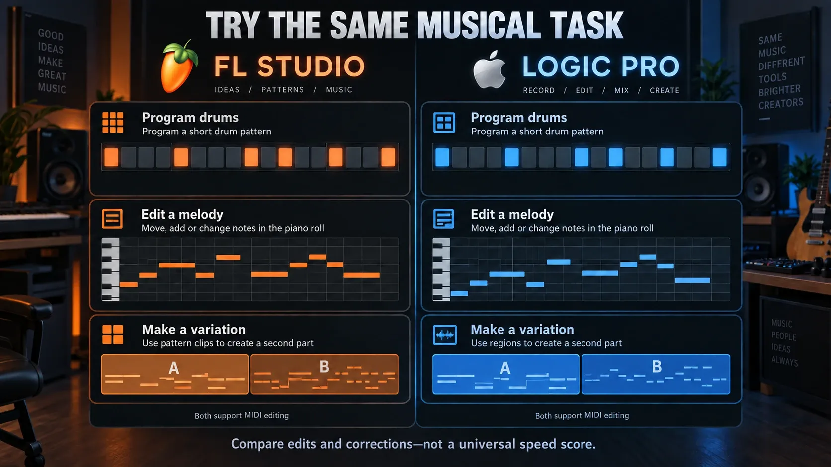 Drum programming, melody editing and variations in FL Studio and Logic Pro