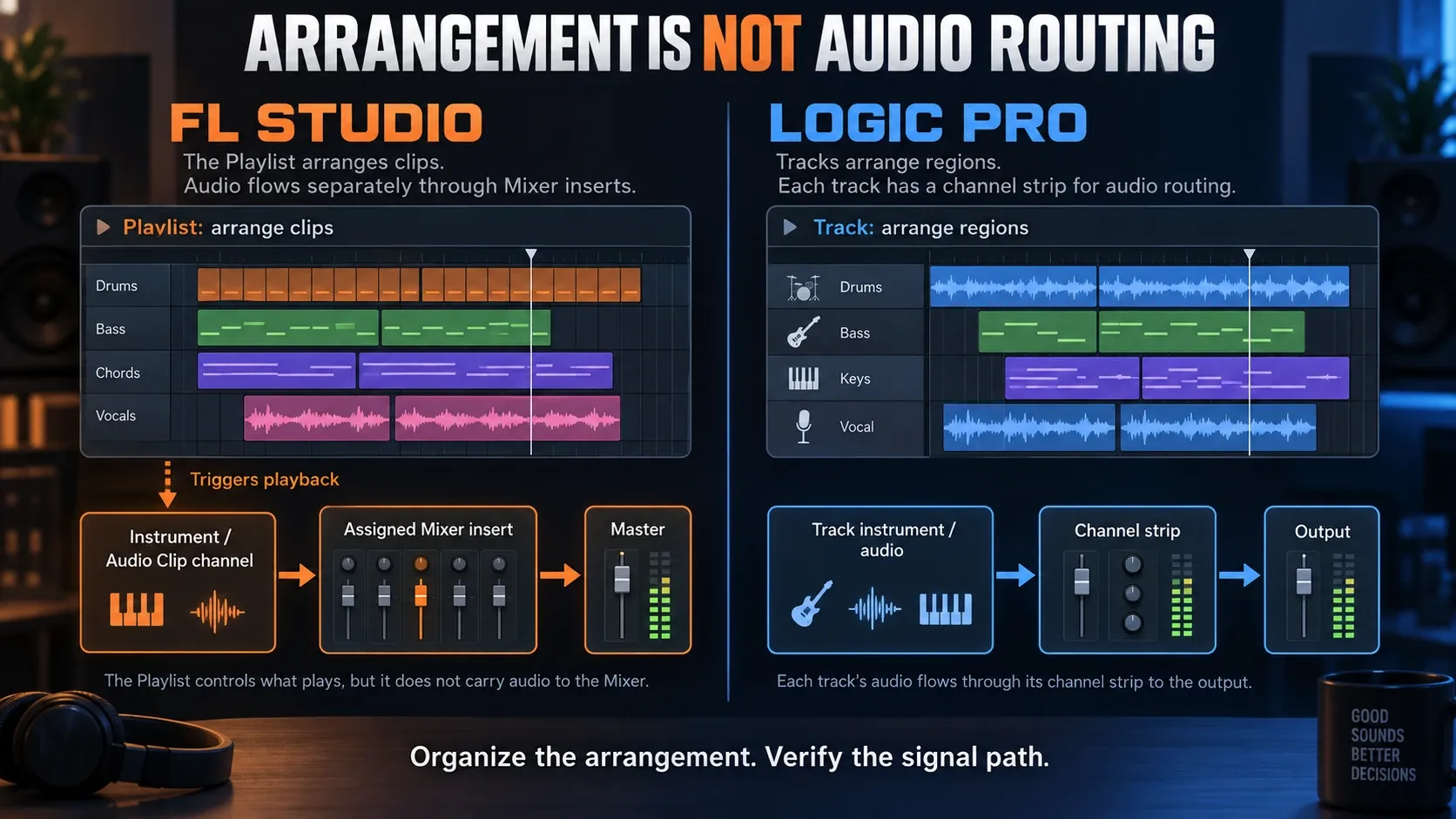 FL Studio source-channel routing beside Logic Pro track and channel-strip organization