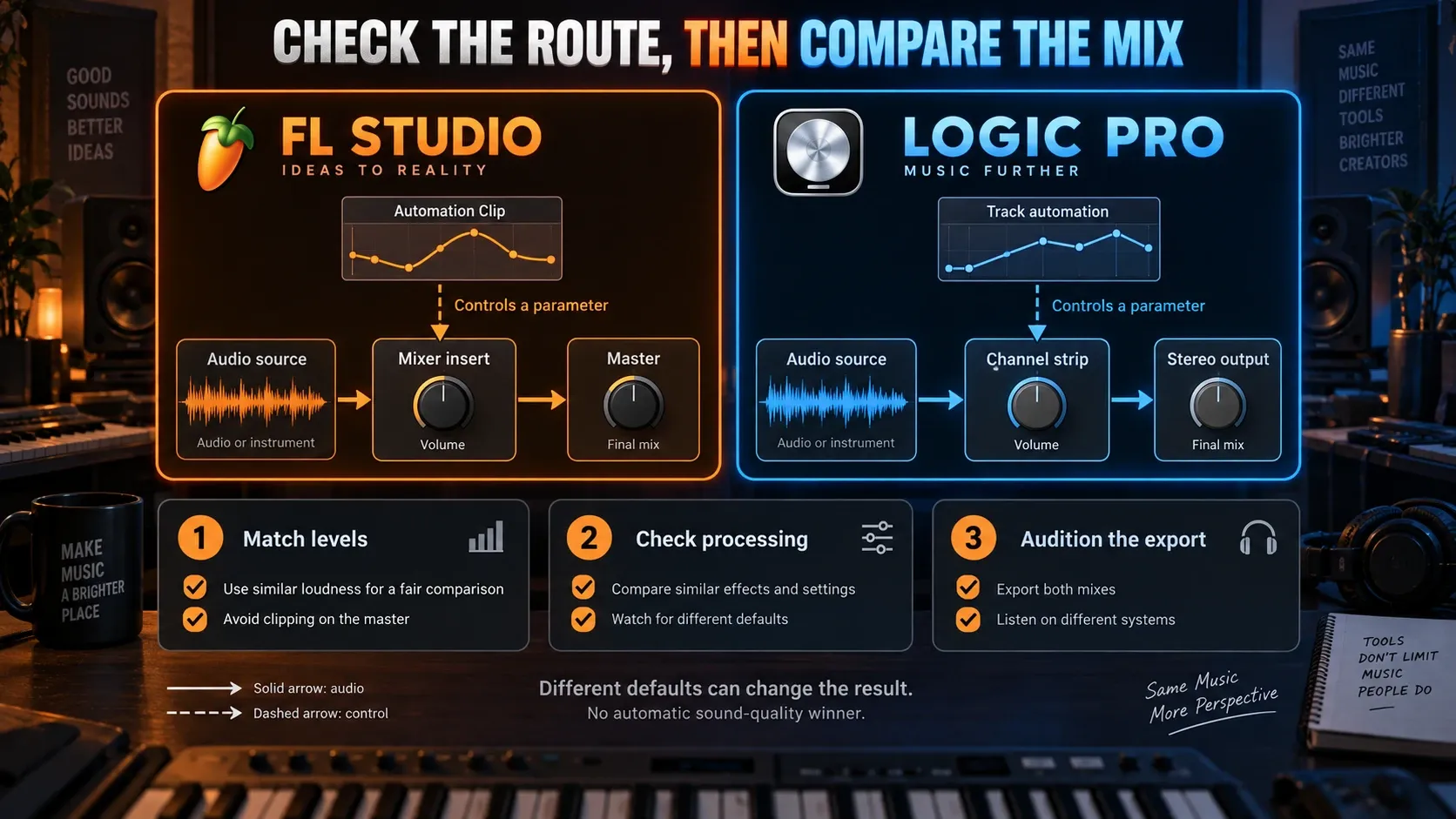 Audio signal paths and separate automation control in FL Studio and Logic Pro