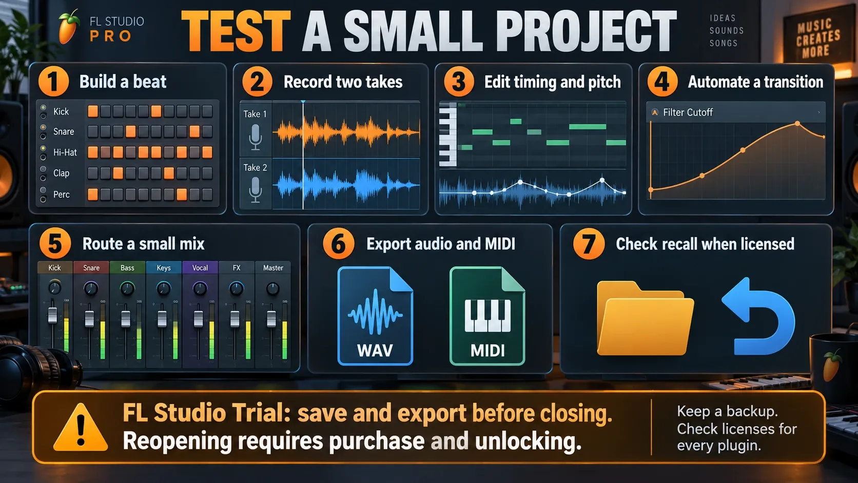 Seven comparison tasks with FL Studio trial reopening and backup warnings