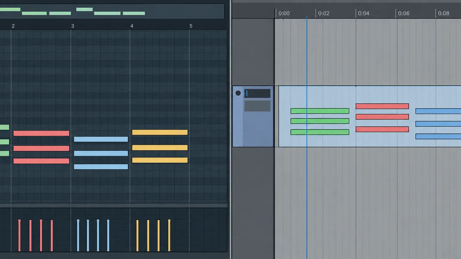FL Studio Piano Roll and pattern arrangement compared with Pro Tools MIDI notes on a linear track