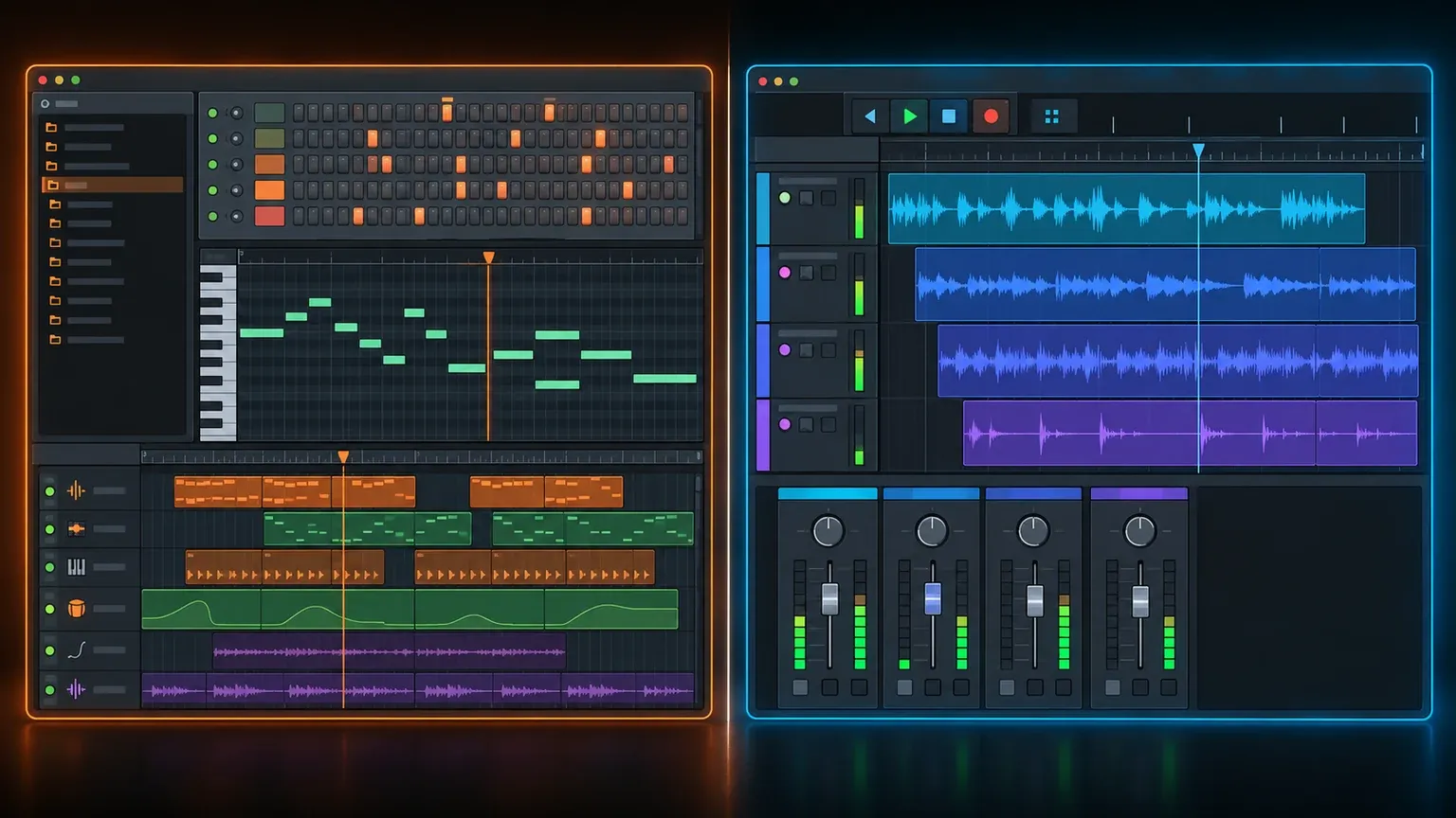 FL Studio Channel Rack Piano Roll and Playlist workflow beside a Pro Tools track edit and mix workflow