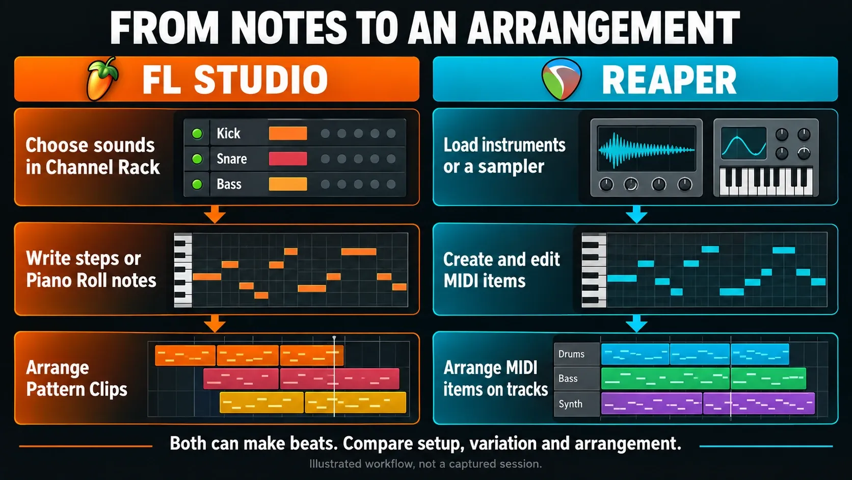 Beat programming from FL Studio channels to Pattern Clips and REAPER instruments to MIDI items