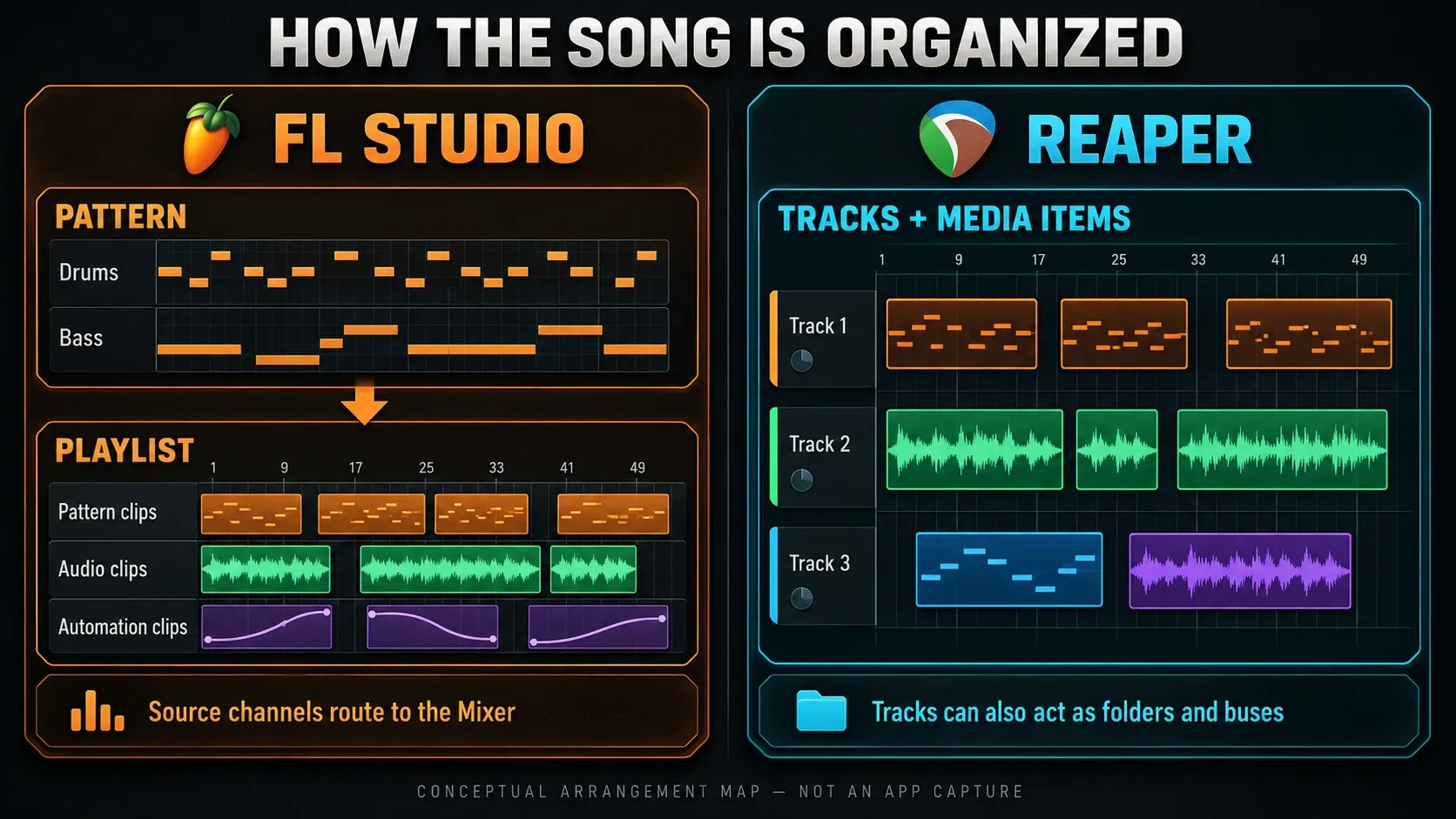 FL Studio patterns and Playlist clip types beside REAPER tracks containing audio and MIDI items
