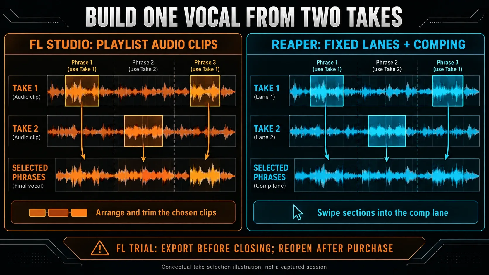 Selecting phrases from two vocal takes in FL Studio audio clips and REAPER comping lanes