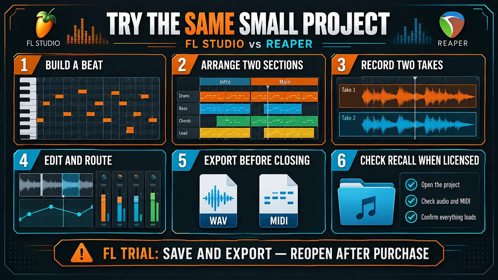Six FL Studio and REAPER comparison tasks with an FL Trial export and reopening warning