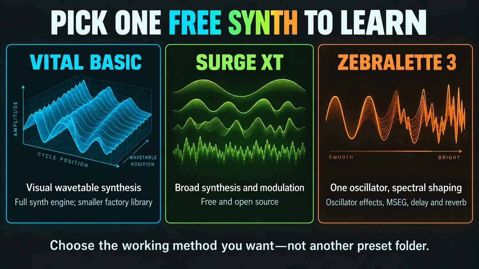 Vital Basic, Surge XT and Zebralette 3 compared by synthesis approach