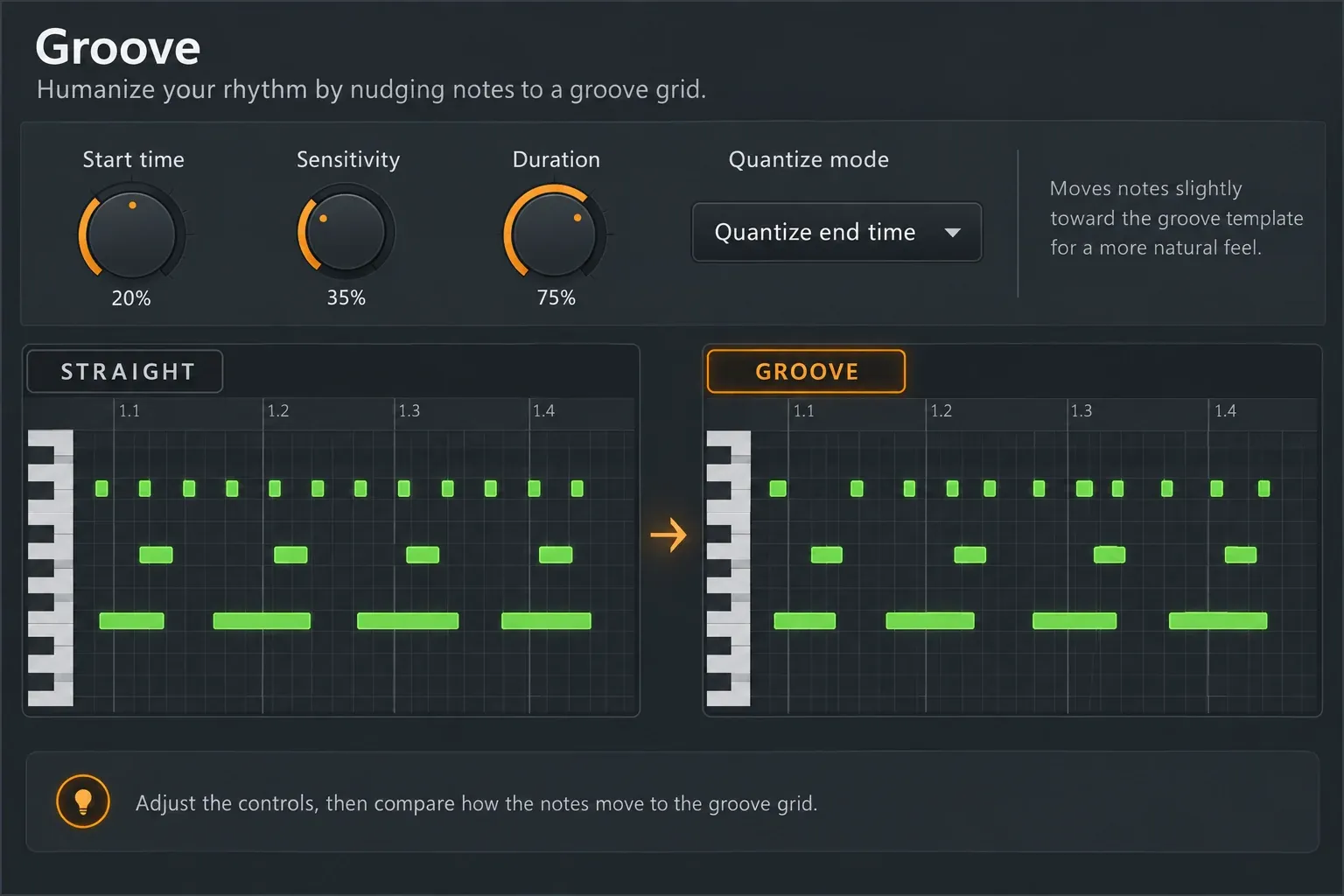 Riff Machine Groove controls for start time sensitivity duration and quantize mode