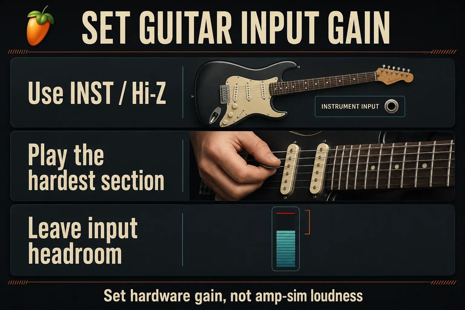 Guitar input gain checks: INST or Hi-Z, hardest playing section, and room below clipping