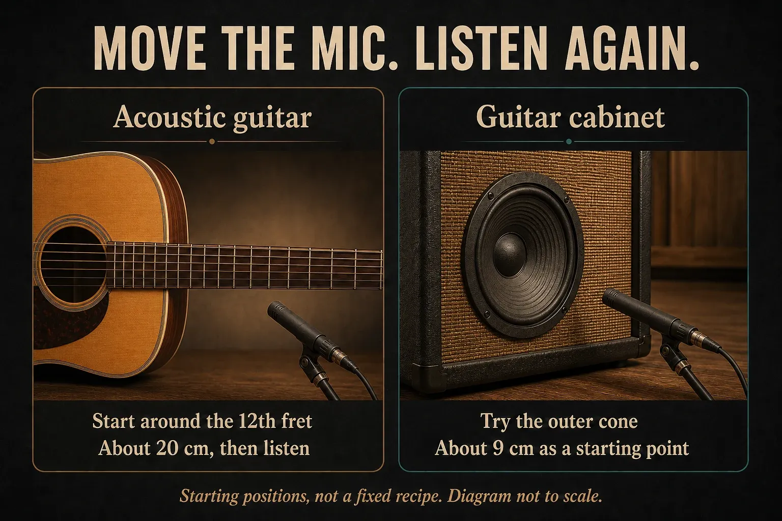 Acoustic 12th-fret and guitar-cabinet outer-cone microphone starting positions