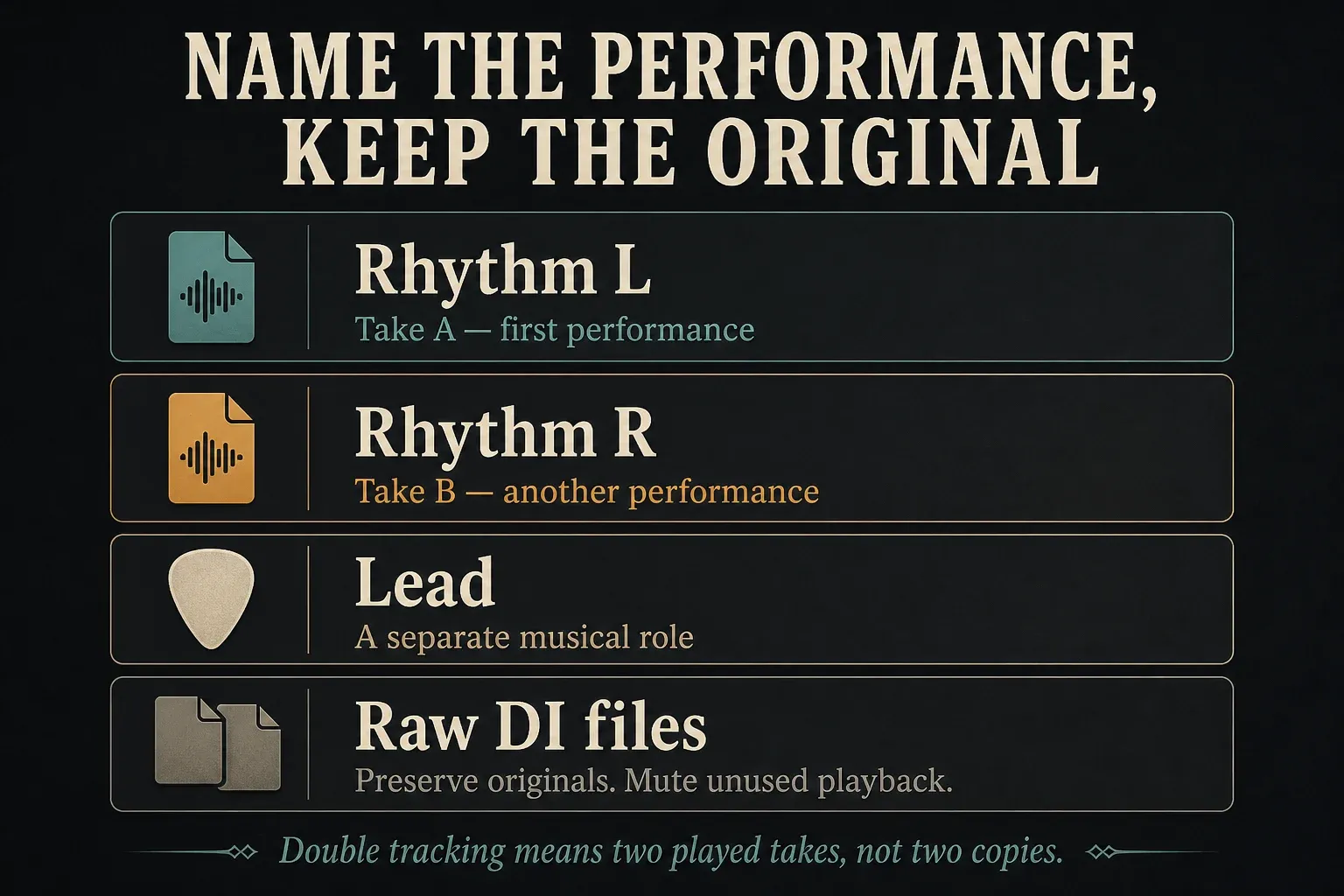 Two separate rhythm guitar performances, a lead role and original raw DI files to retain