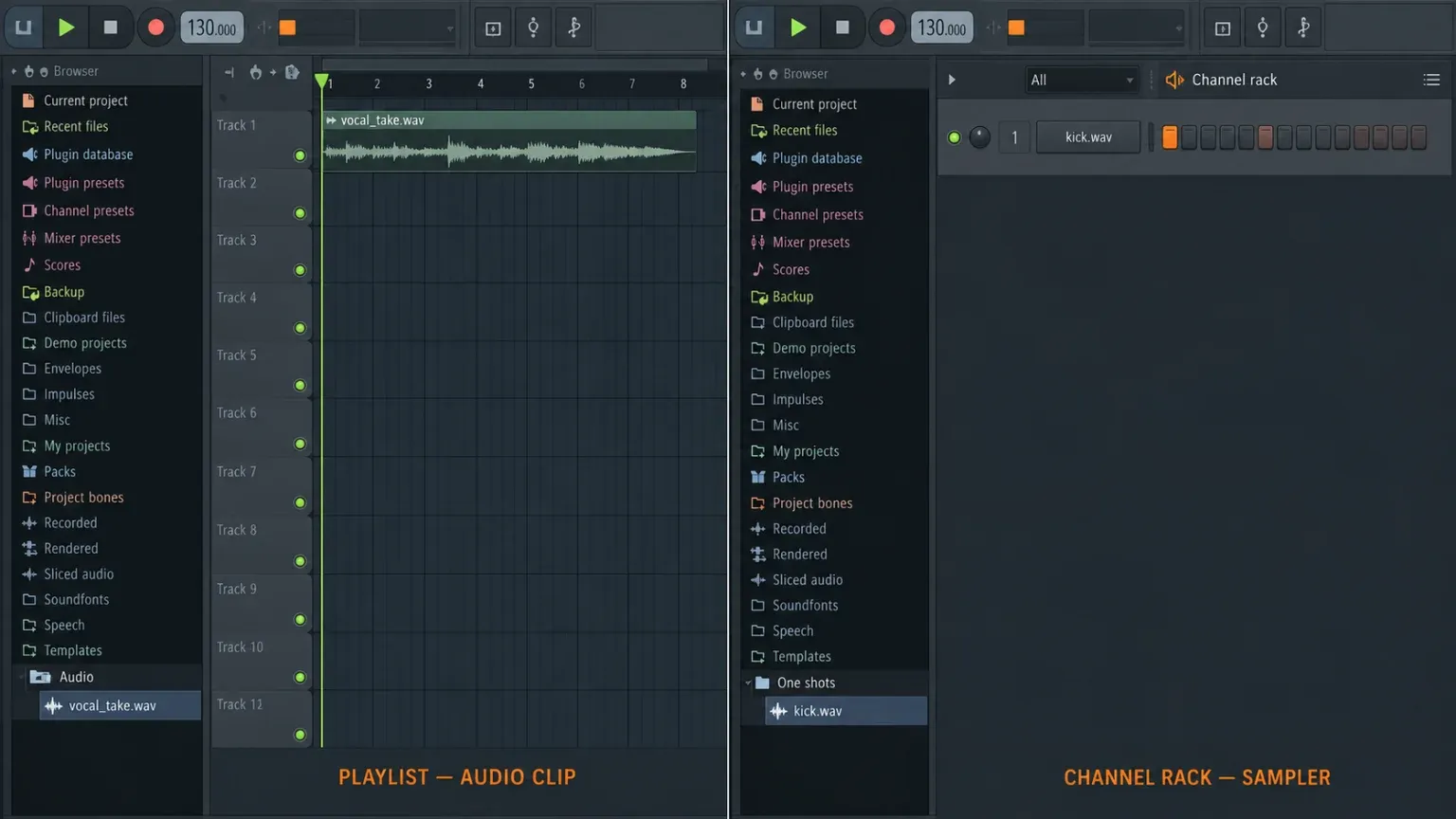 MP3 and WAV files dragged to the FL Studio Playlist and Channel Rack