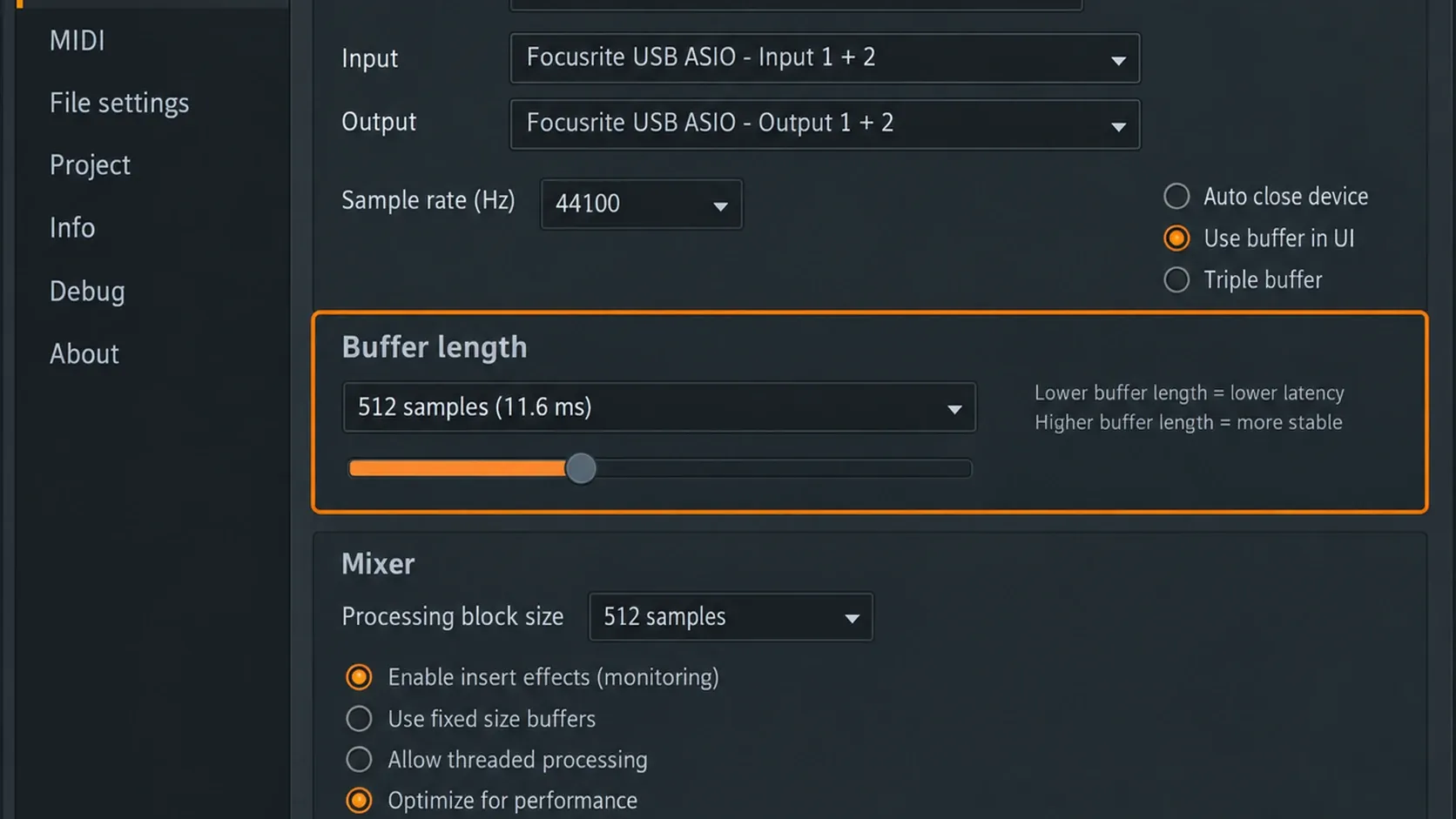 FL Studio Audio Settings showing the selected driver, input output path and buffer controls