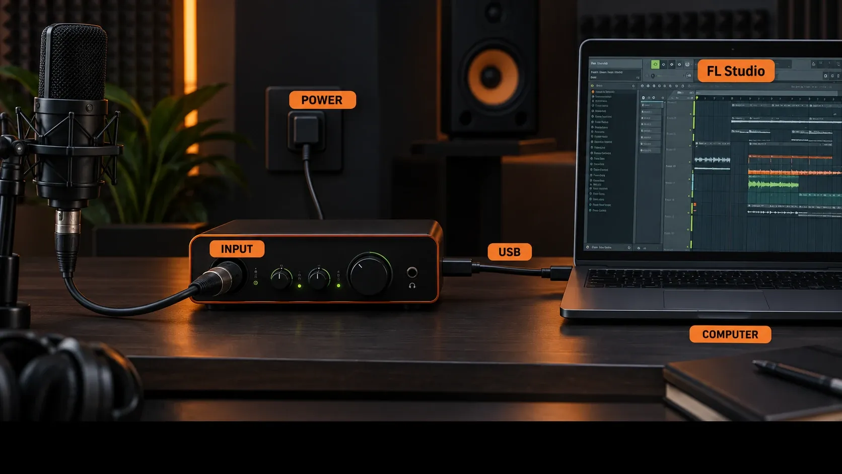 Audio interface powered and connected to a computer with an input cable ready for FL Studio