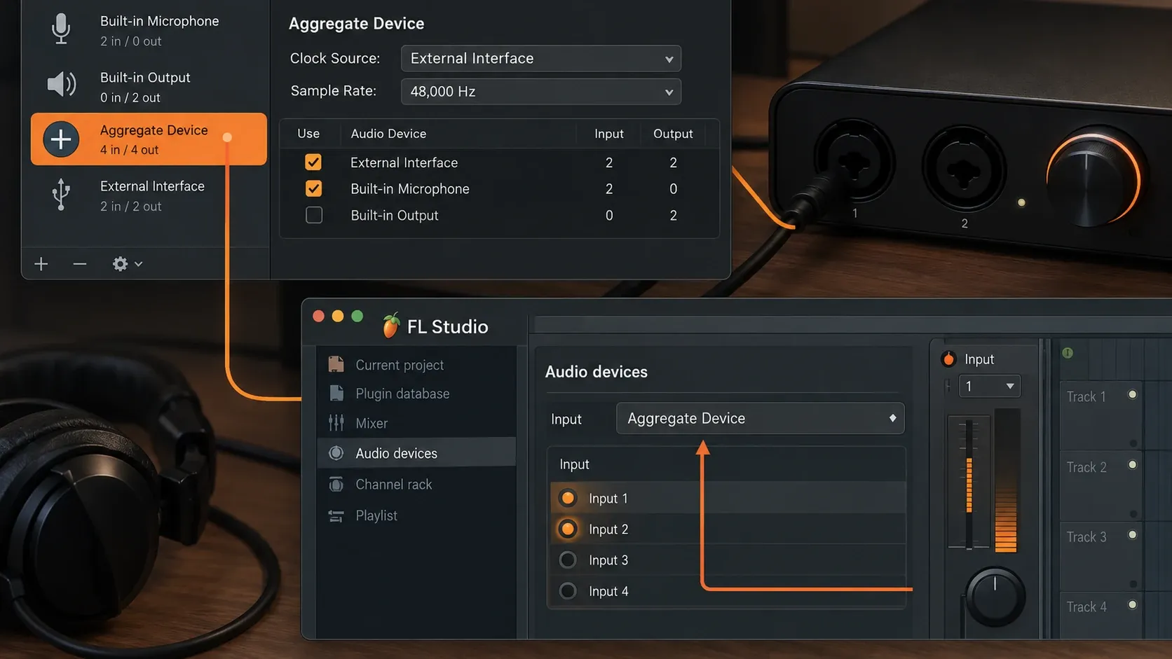 macOS audio device setup with an interface input path selected for FL Studio