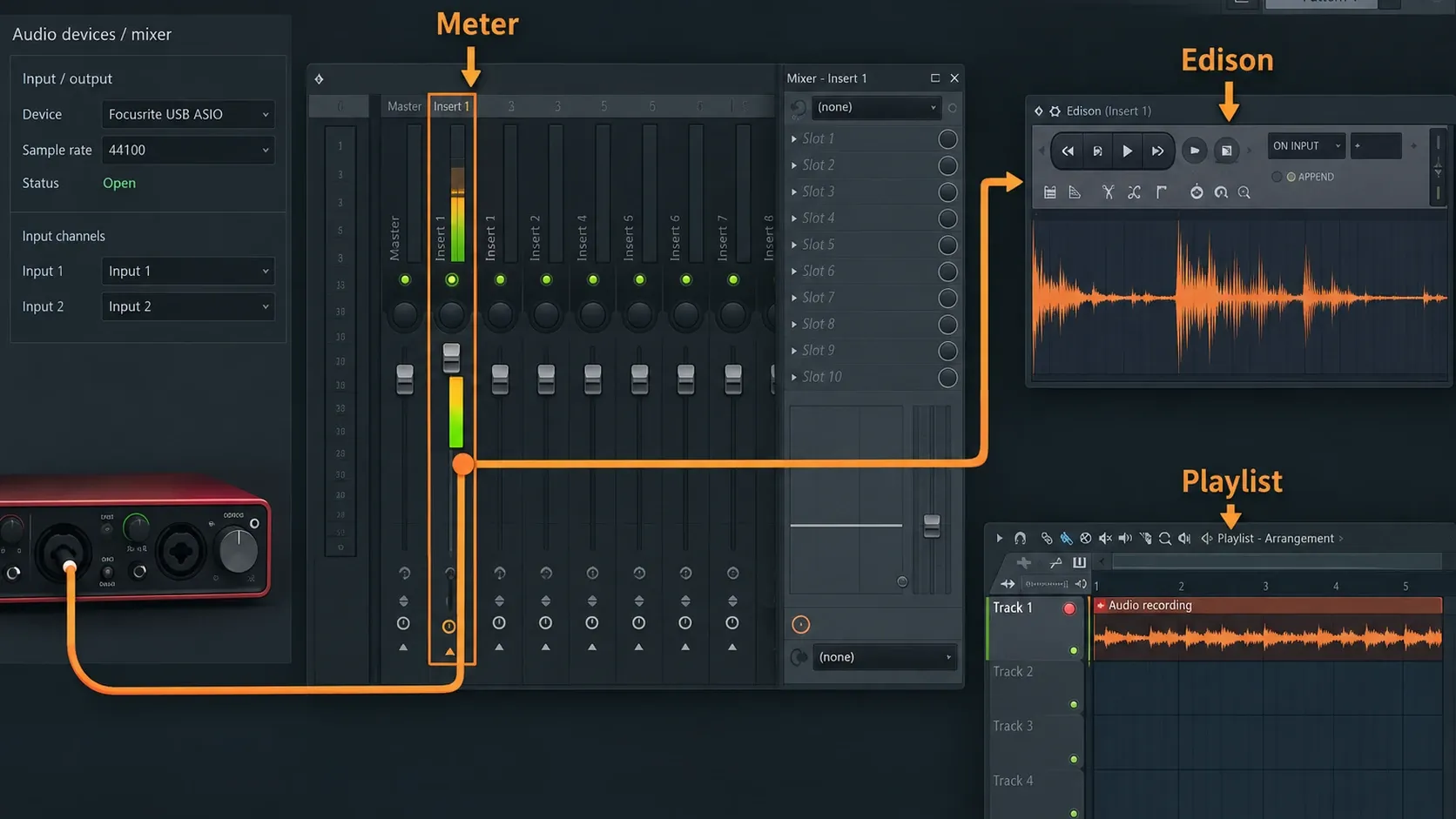 FL Studio Mixer meter receiving an interface signal before recording to Edison or Playlist