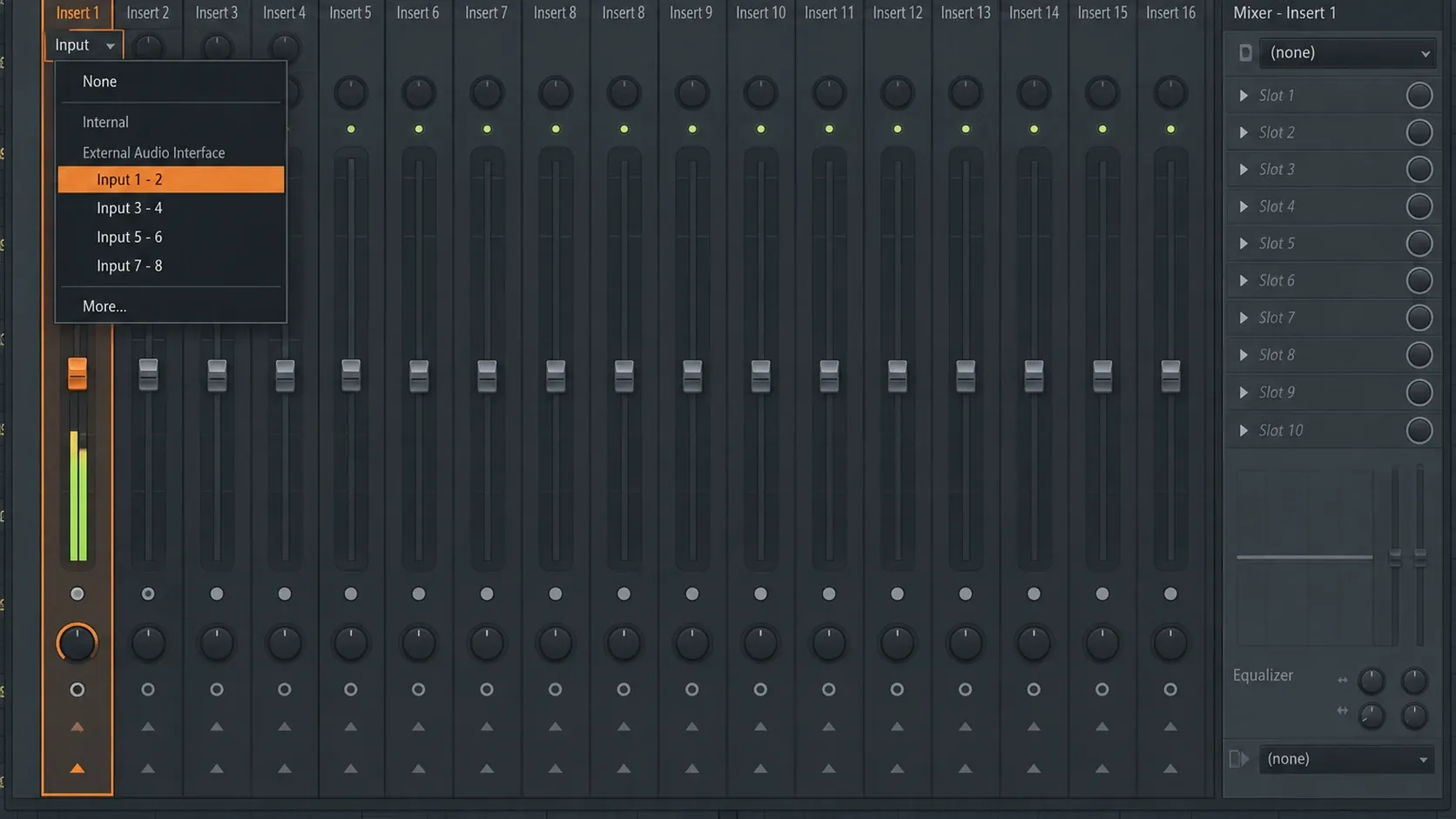 FL Studio Mixer Insert input menu with an audio interface input pair selected