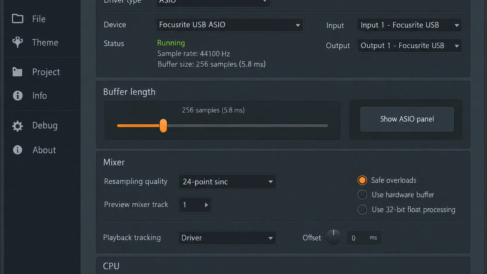 FL Studio Audio Settings with an interface ASIO driver selected for input and output