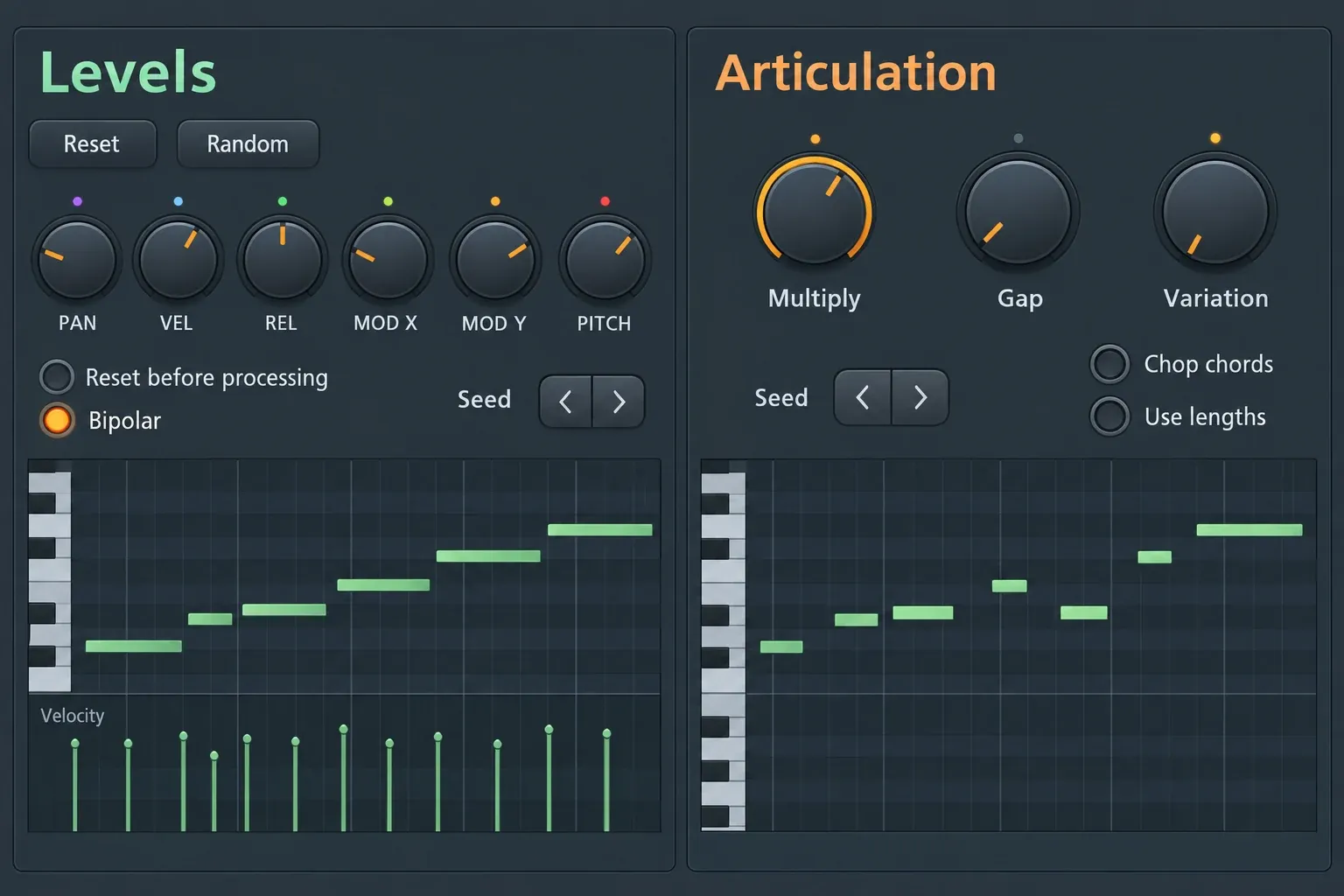 Riff Machine Levels and Articulation controls for velocity pan pitch and note length