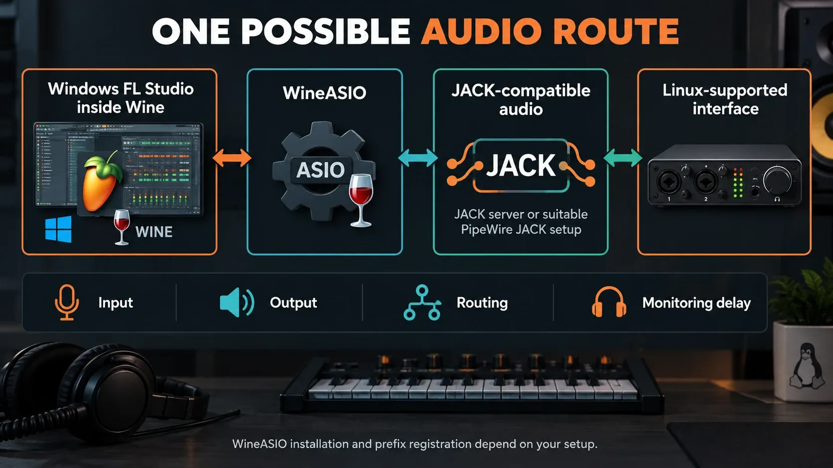 One bidirectional audio route from Windows FL Studio through WineASIO and JACK-compatible audio to a Linux-supported interface