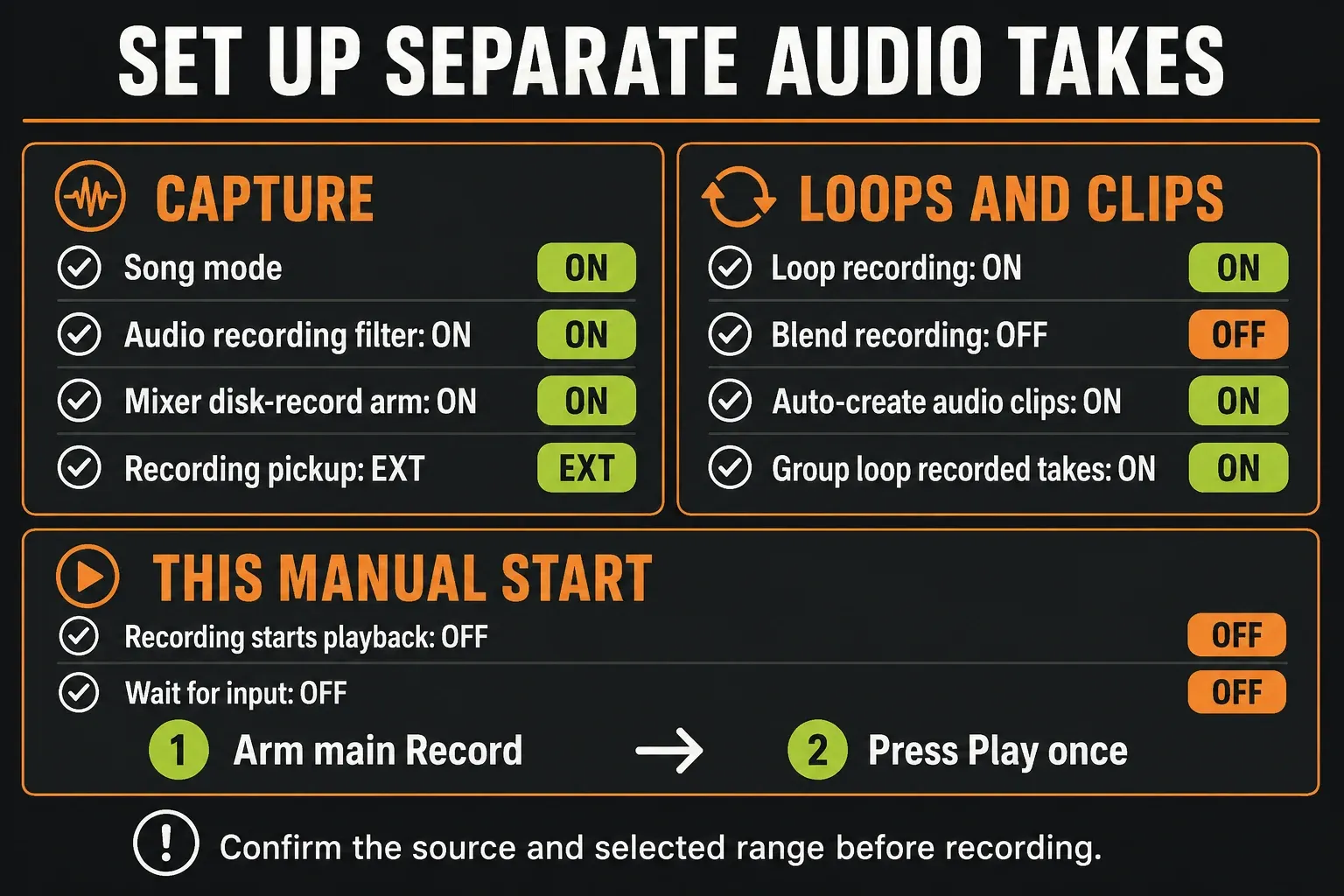 Separate-take settings with Song, Audio, EXT, Loop on, Blend off and manual Record then Play