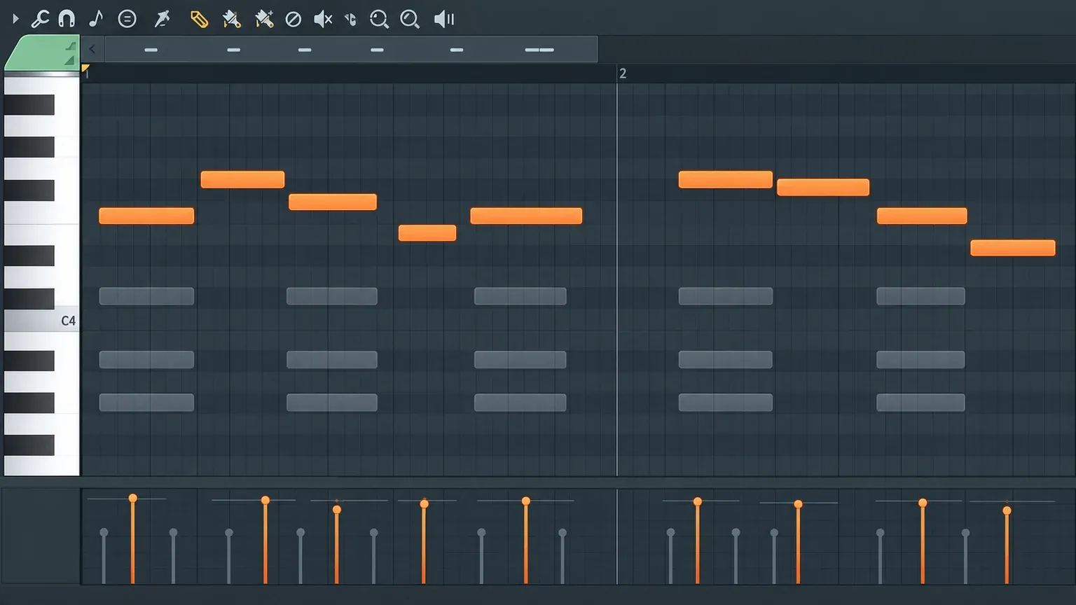 Orange melody notes aligned with muted chord Ghost Notes in FL Studio