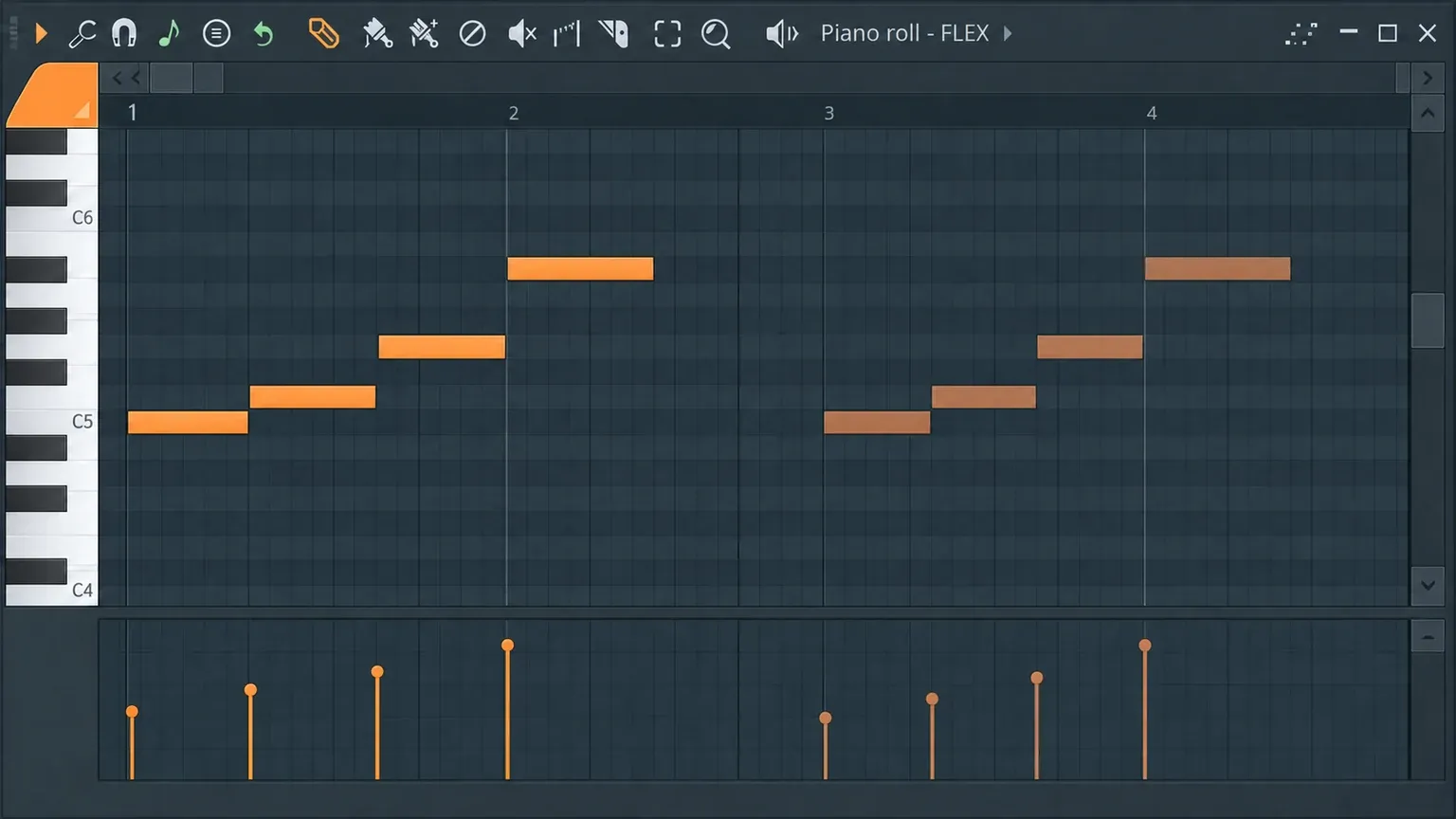 Four-note FL Studio melody motif using small steps and one upward leap