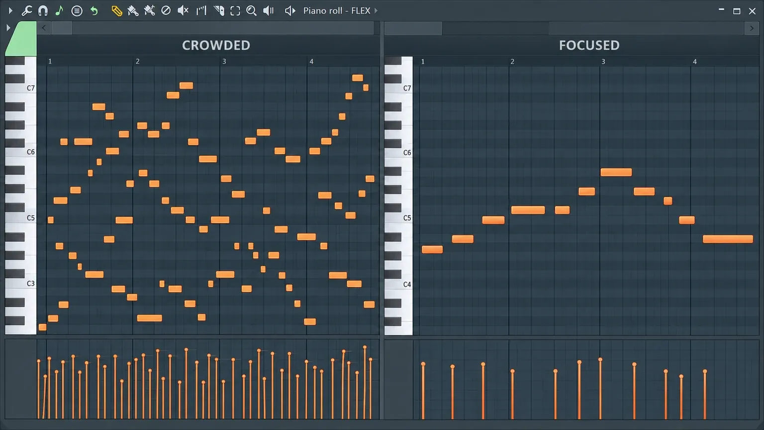 Crowded wide melody compared with a focused phrase using a smaller range and rests