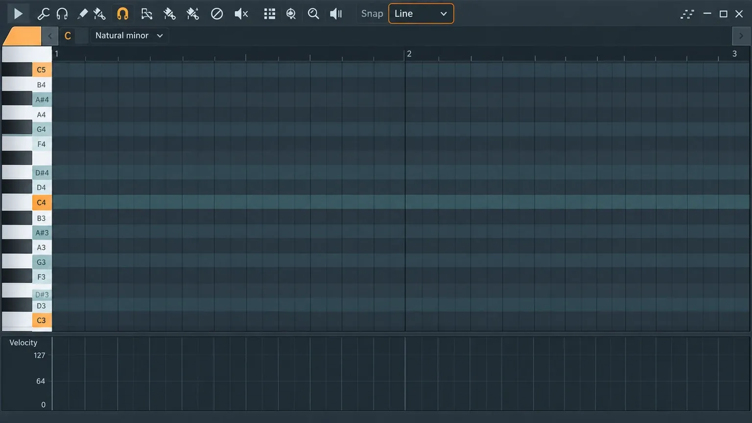 FL Studio Piano Roll prepared with Snap and C minor scale highlighting