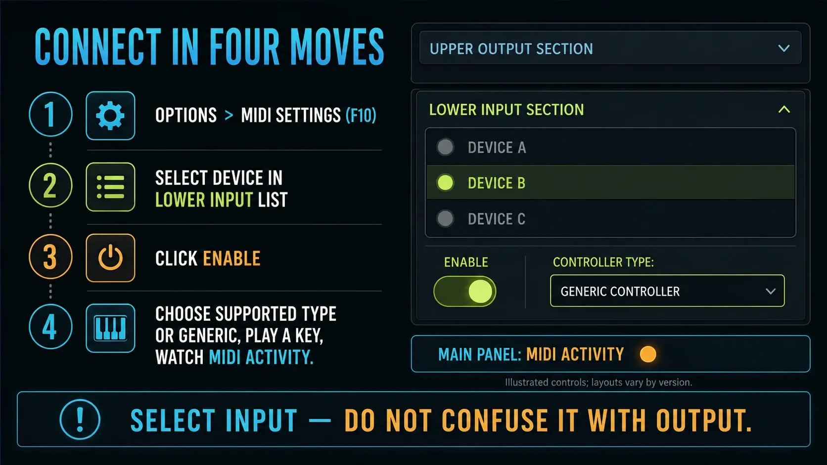 FL Studio MIDI Settings workflow selecting an Input enabling it and choosing a controller type