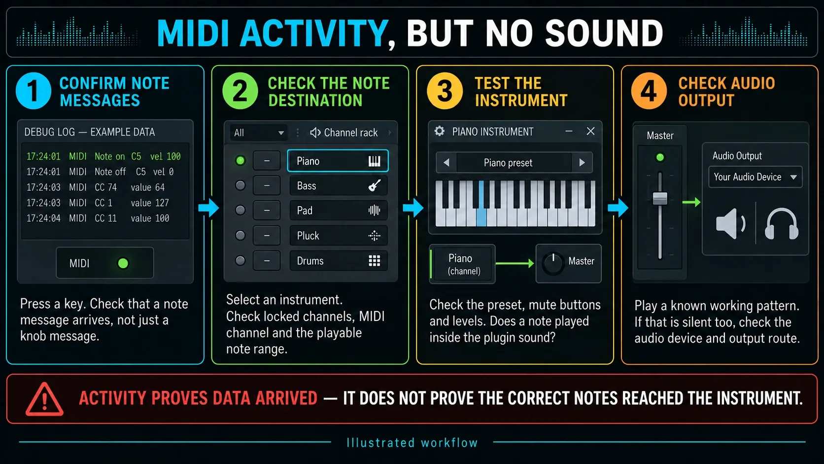 FL Studio receiving MIDI activity while a selected instrument channel and audio path are checked