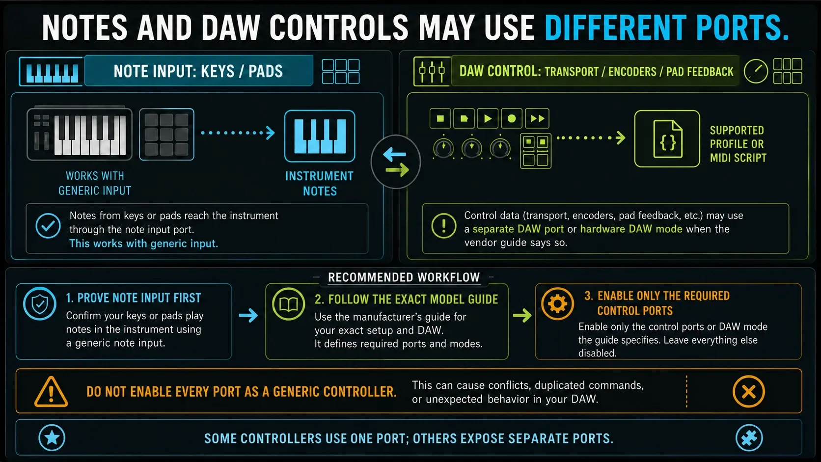MIDI note port and DAW control port separated for keyboard keys and transport buttons