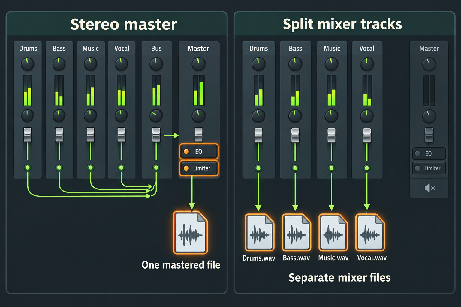 Educational FL Studio Mixer reconstruction comparing stereo master routing through EQ and Limiter with Split mixer tracks producing separate WAV files