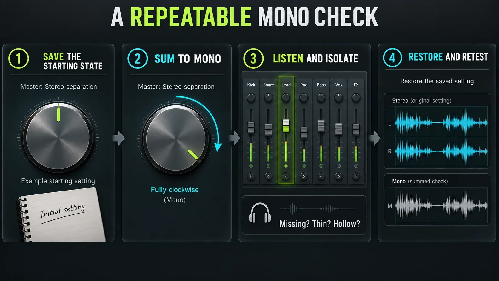 FL Studio mono check: save the Master setting, sum clockwise, isolate a problem and restore the saved state