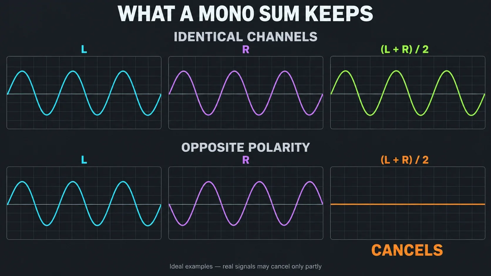 Identical left and right waves retain their signal in the mono average; opposite-polarity copies cancel