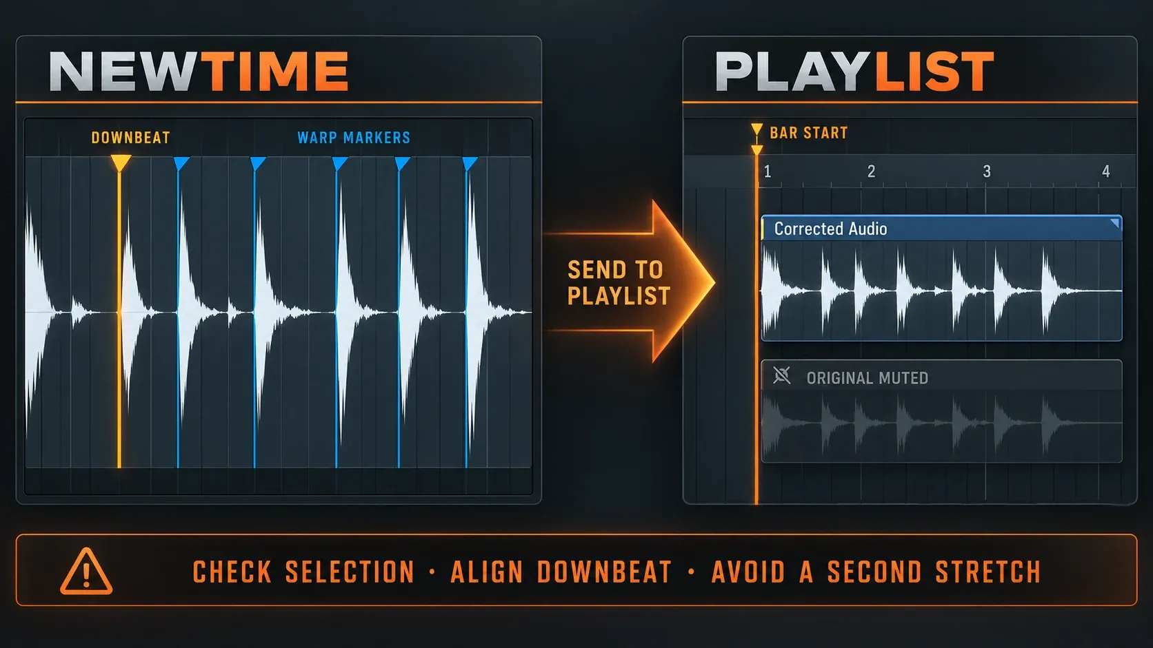 NewTime to Playlist handoff showing the Downbeat aligned to a bar start and one corrected audio clip placed in the arrangement