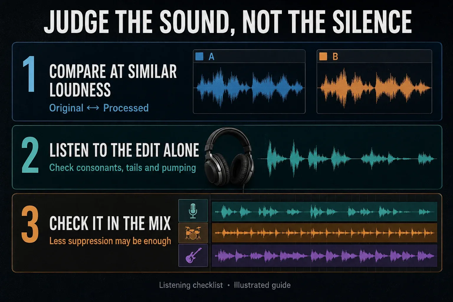 Three listening checks for the original and processed recording, solo artifacts and the actual mix