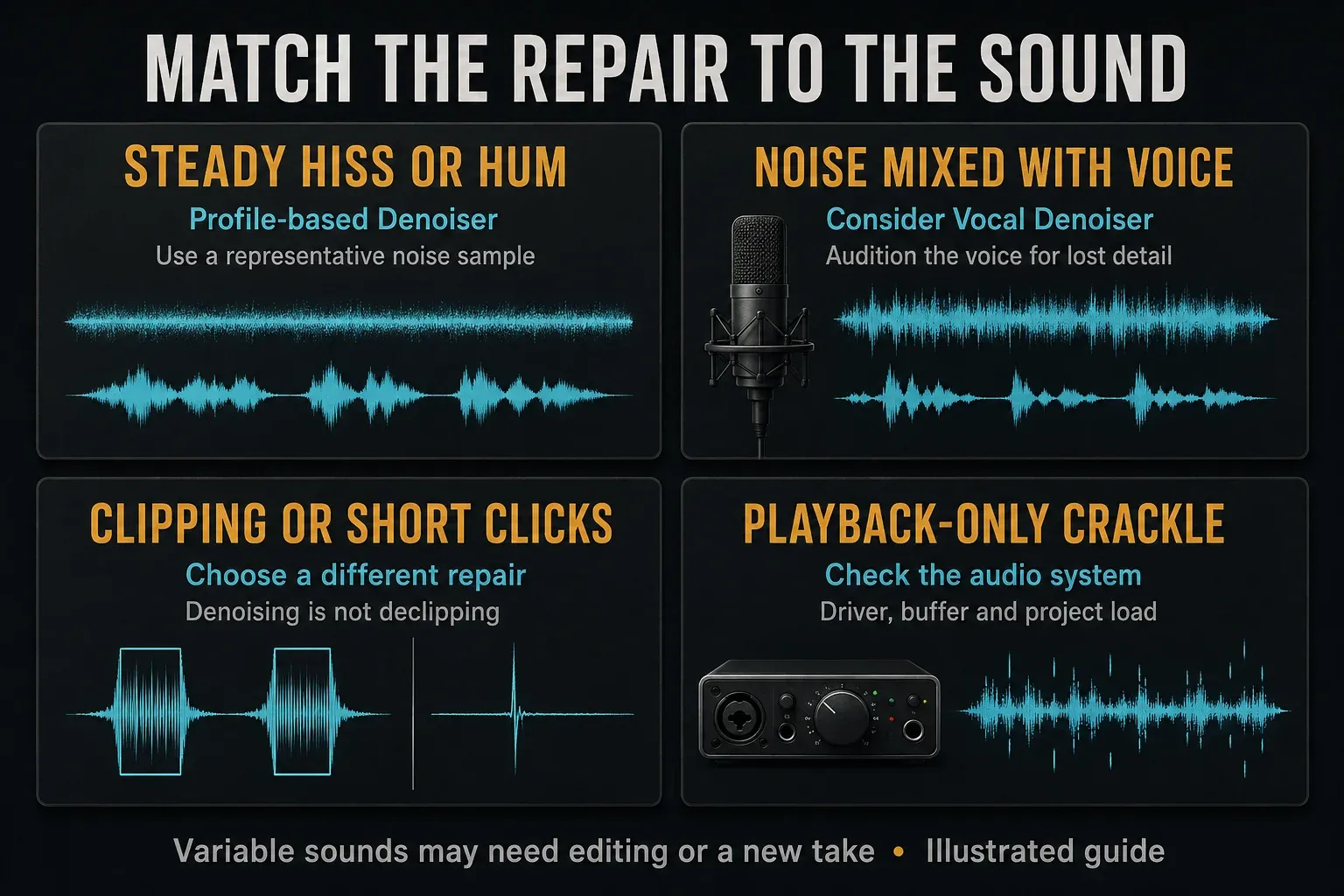 Noise-removal choices for steady hiss, voice mixed with other sound, clicks and playback crackle