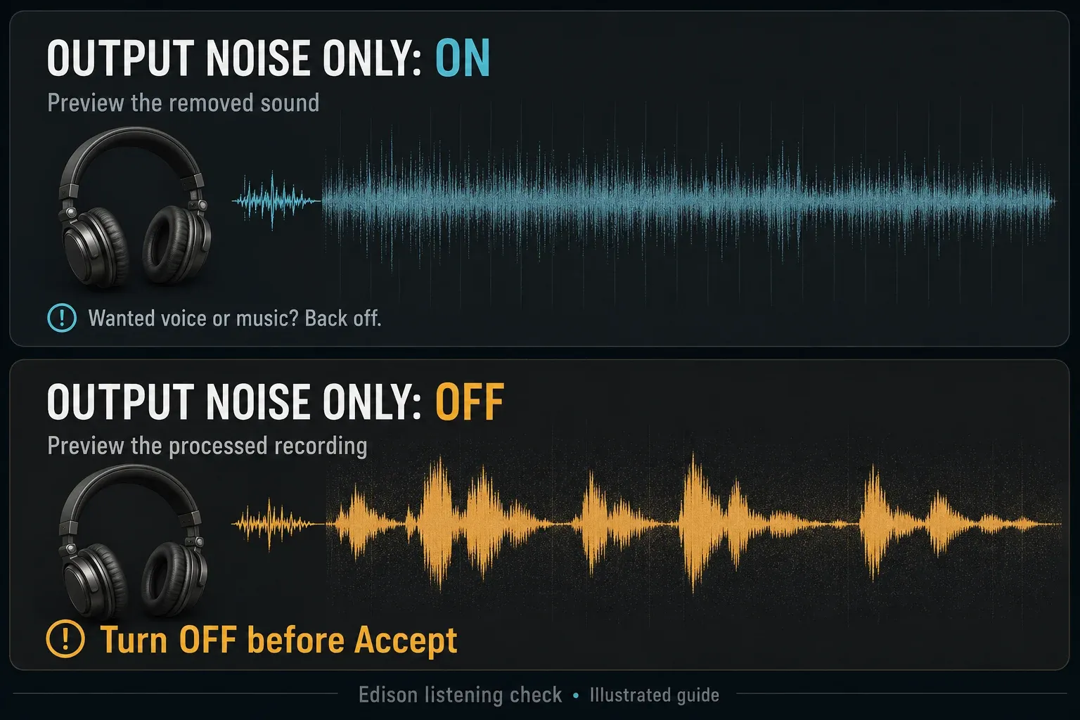 Output noise only on auditions removed audio; off returns the processed recording before Accept