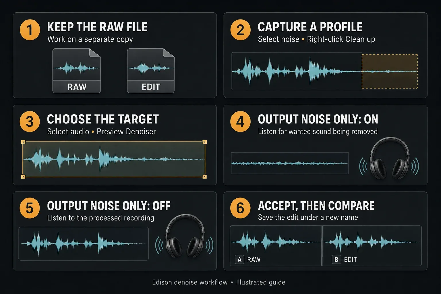 Edison denoise sequence with noise-only audition followed by processed output before Accept